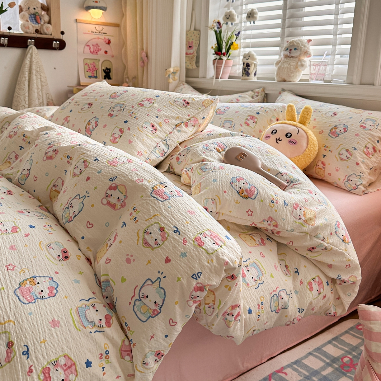 91家纺网 家纺一手货源 找家纺 卡斯诺家纺馆 2026新款皱皱棉双层纱四件套（下载文件包含买家秀） 泡芙猫咪