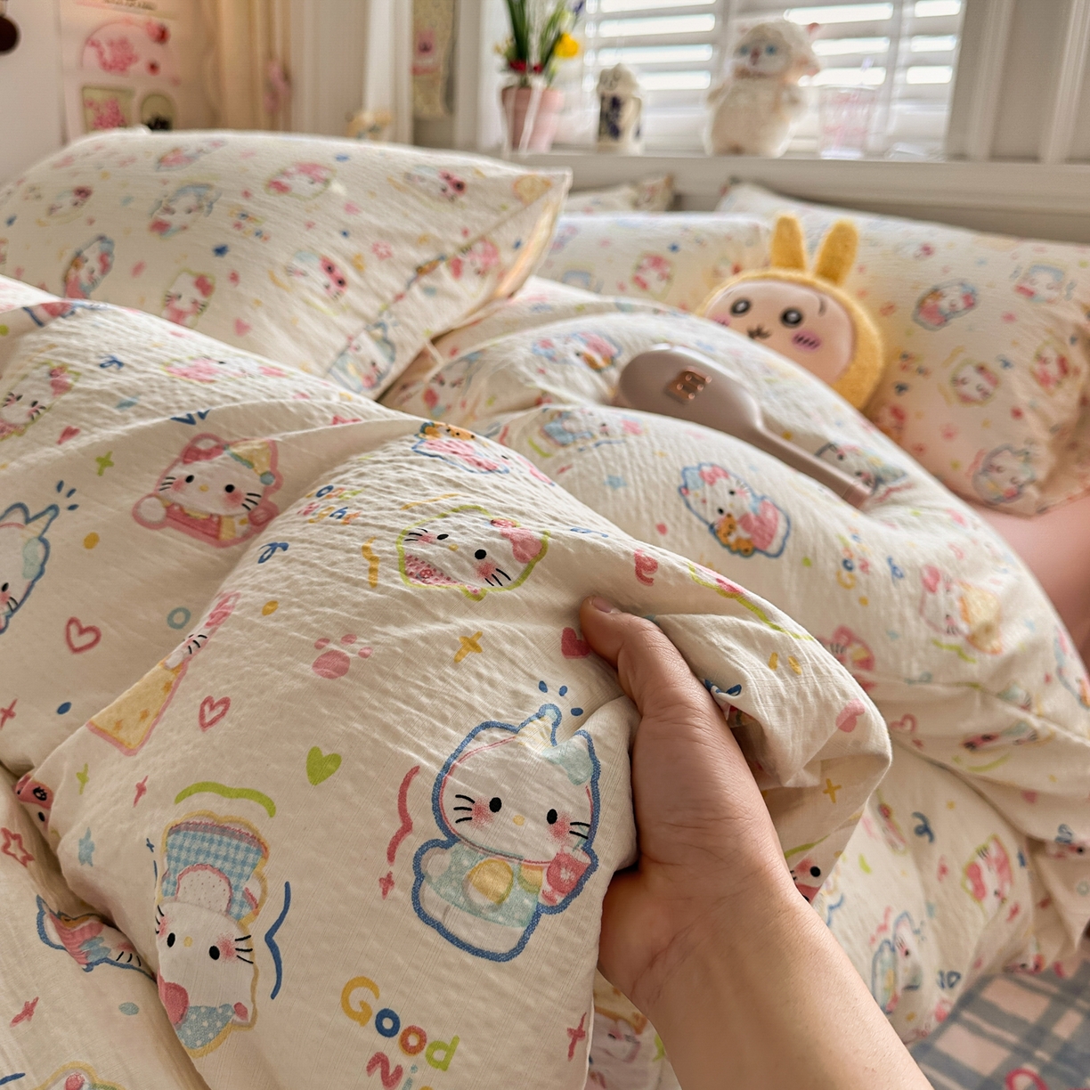 91家纺网 家纺一手货源 找家纺 卡斯诺家纺馆 2026新款皱皱棉双层纱四件套（下载文件包含买家秀） 泡芙猫咪