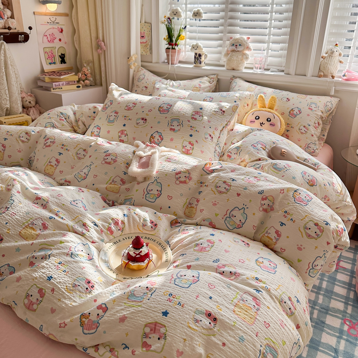 91家纺网 家纺一手货源 找家纺 卡斯诺家纺馆 2026新款皱皱棉双层纱四件套（下载文件包含买家秀） 泡芙猫咪