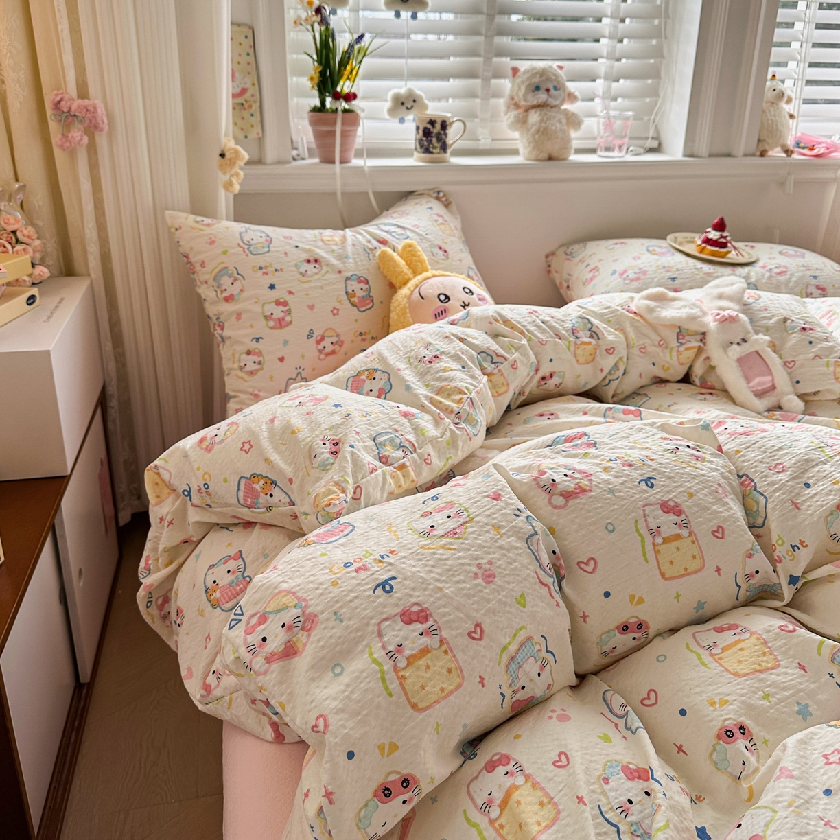 91家纺网 家纺一手货源 找家纺 卡斯诺家纺馆 2026新款皱皱棉双层纱四件套（下载文件包含买家秀） 泡芙猫咪