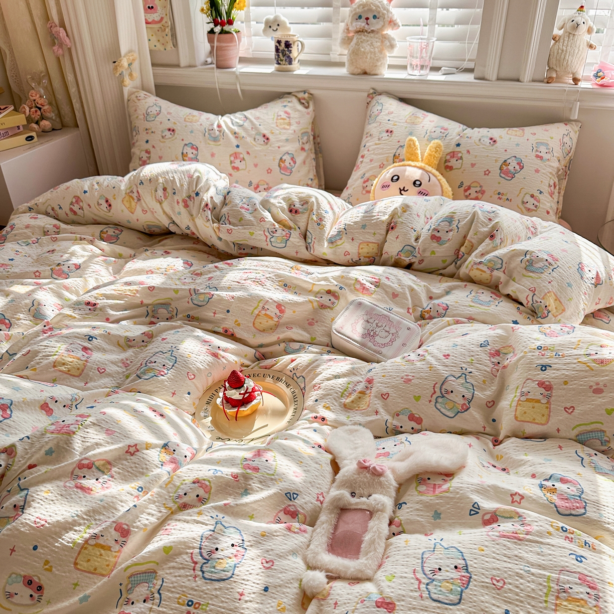 91家纺网 家纺一手货源 找家纺 卡斯诺家纺馆 2026新款皱皱棉双层纱四件套（下载文件包含买家秀） 泡芙猫咪