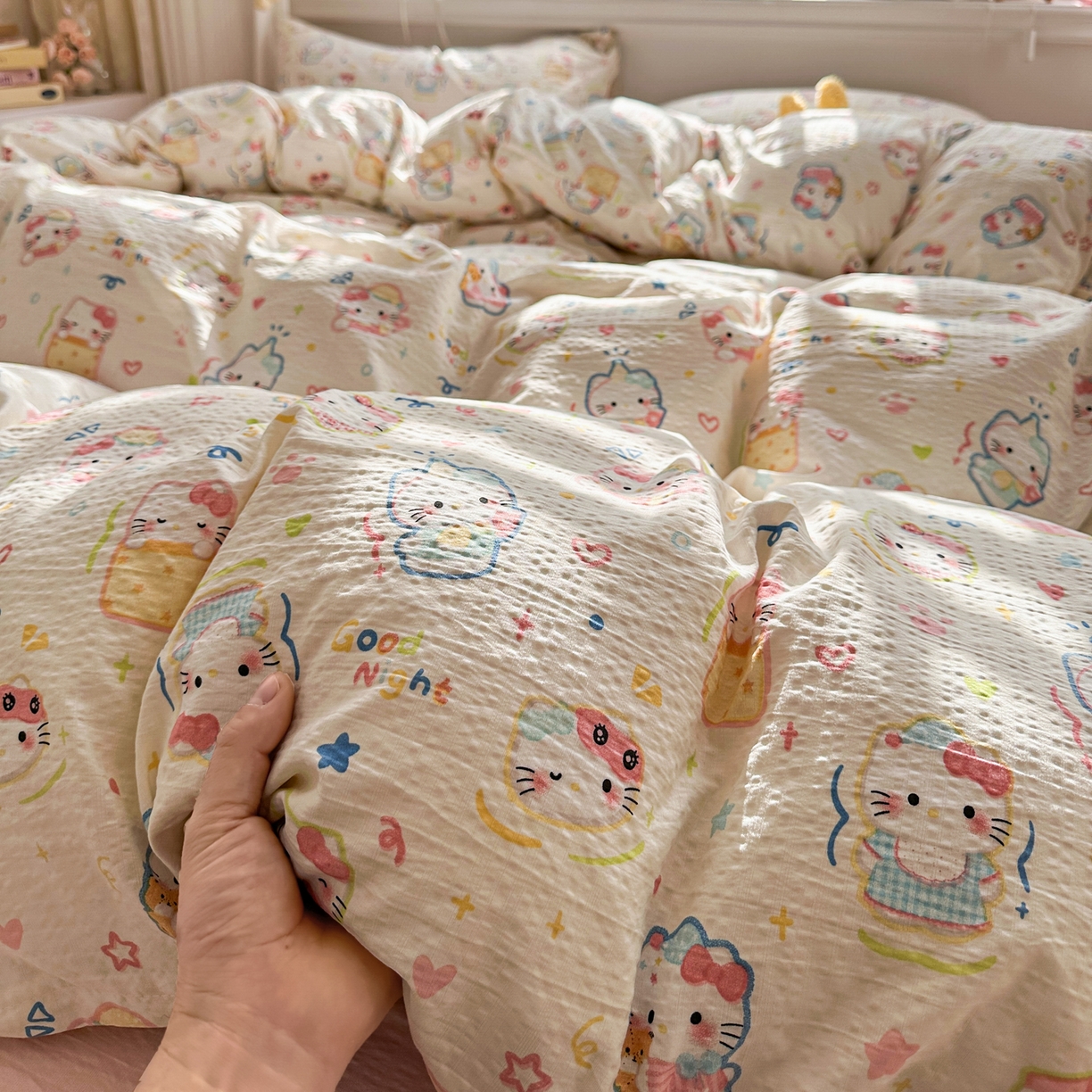 91家纺网 家纺一手货源 找家纺 卡斯诺家纺馆 2026新款皱皱棉双层纱四件套（下载文件包含买家秀） 泡芙猫咪