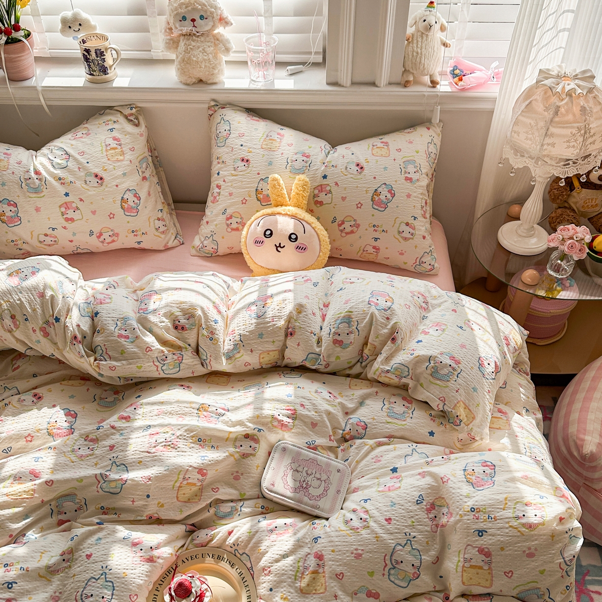 91家纺网 家纺一手货源 找家纺 卡斯诺家纺馆 2026新款皱皱棉双层纱四件套（下载文件包含买家秀） 泡芙猫咪