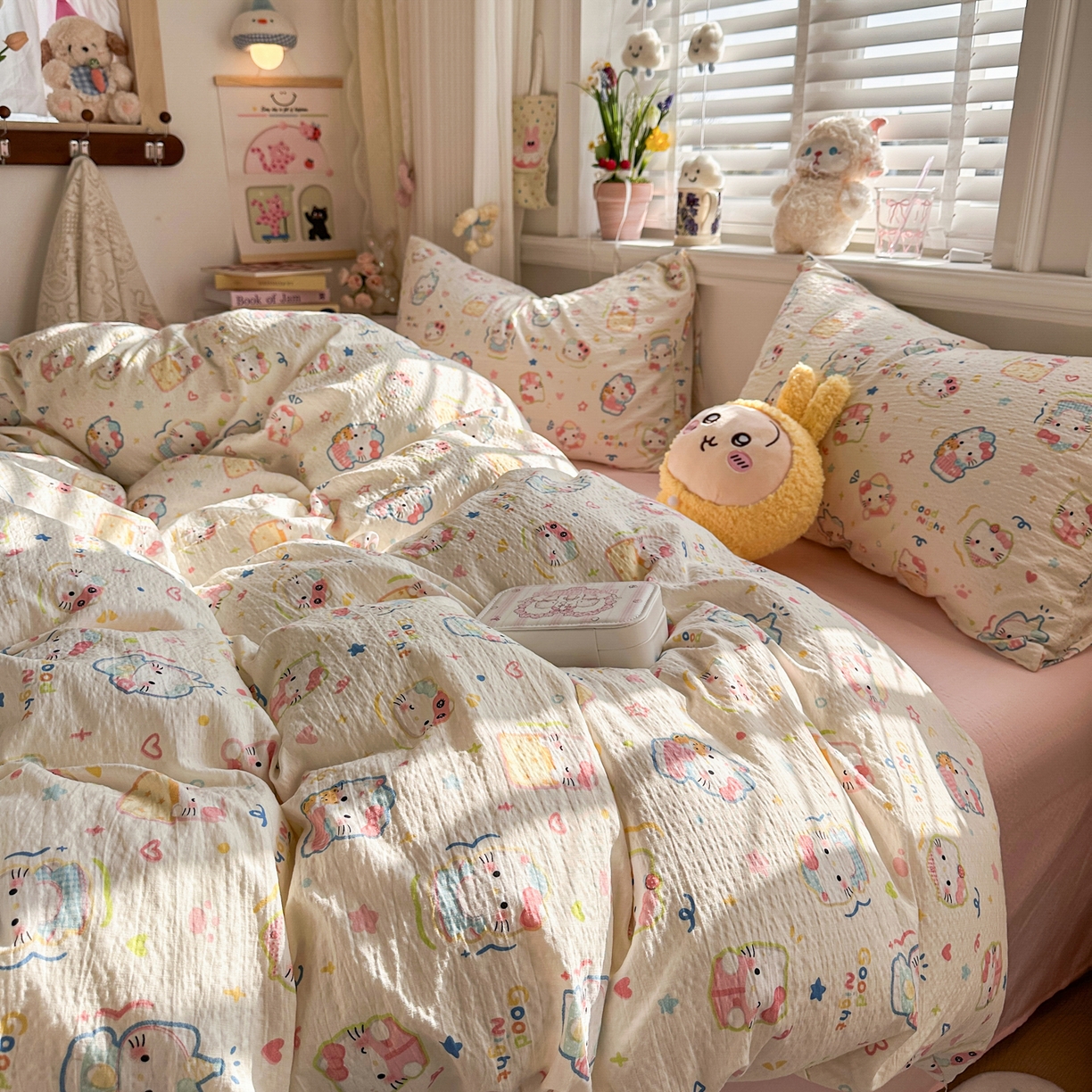 91家纺网 家纺一手货源 找家纺 卡斯诺家纺馆 2026新款皱皱棉双层纱四件套（下载文件包含买家秀） 泡芙猫咪