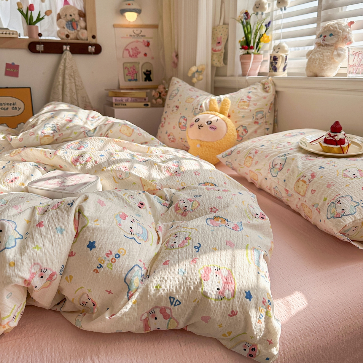 91家纺网 家纺一手货源 找家纺 卡斯诺家纺馆 2026新款皱皱棉双层纱四件套（下载文件包含买家秀） 泡芙猫咪