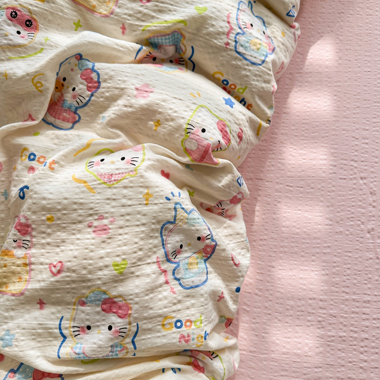 91家纺网 家纺一手货源 找家纺 卡斯诺家纺馆 2026新款皱皱棉双层纱四件套（下载文件包含买家秀） 泡芙猫咪