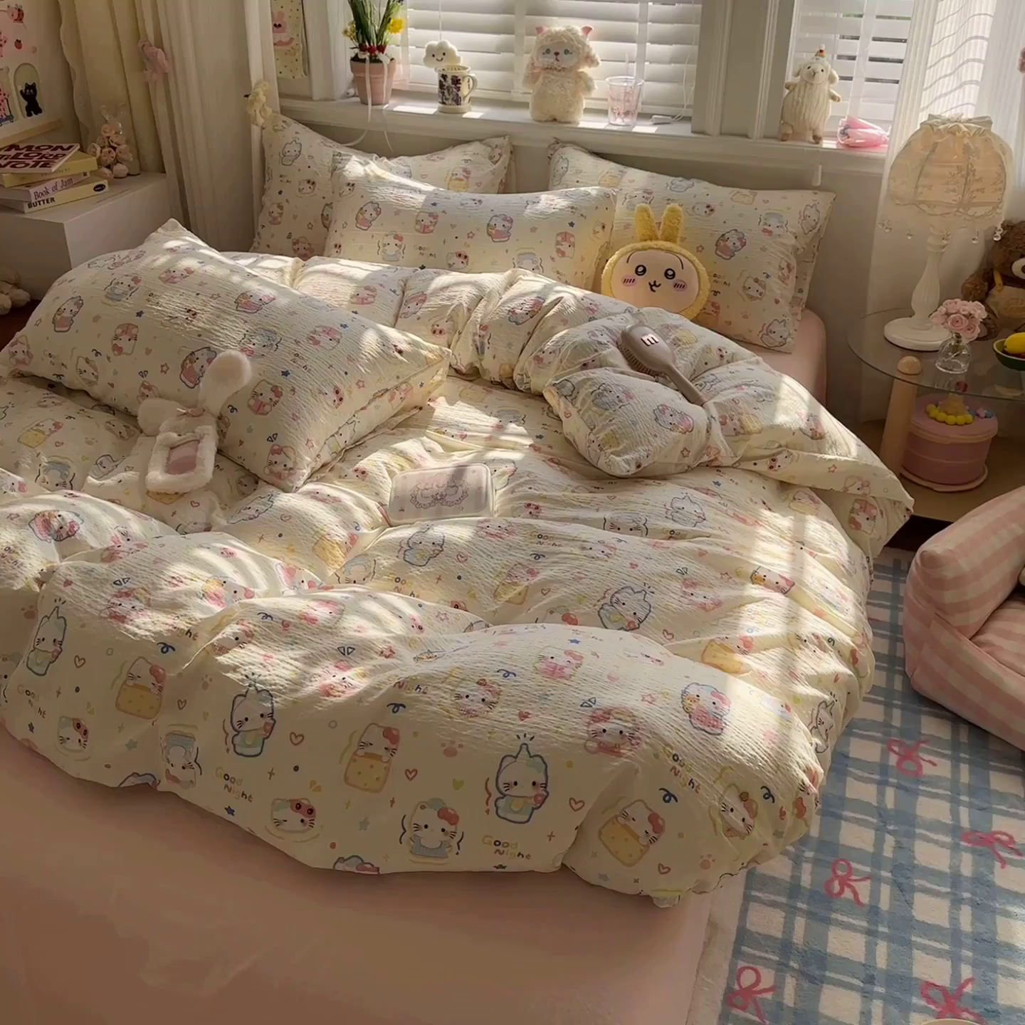 91家纺网 家纺一手货源 找家纺 卡斯诺家纺馆 2026新款皱皱棉双层纱四件套（下载文件包含买家秀） 泡芙猫咪