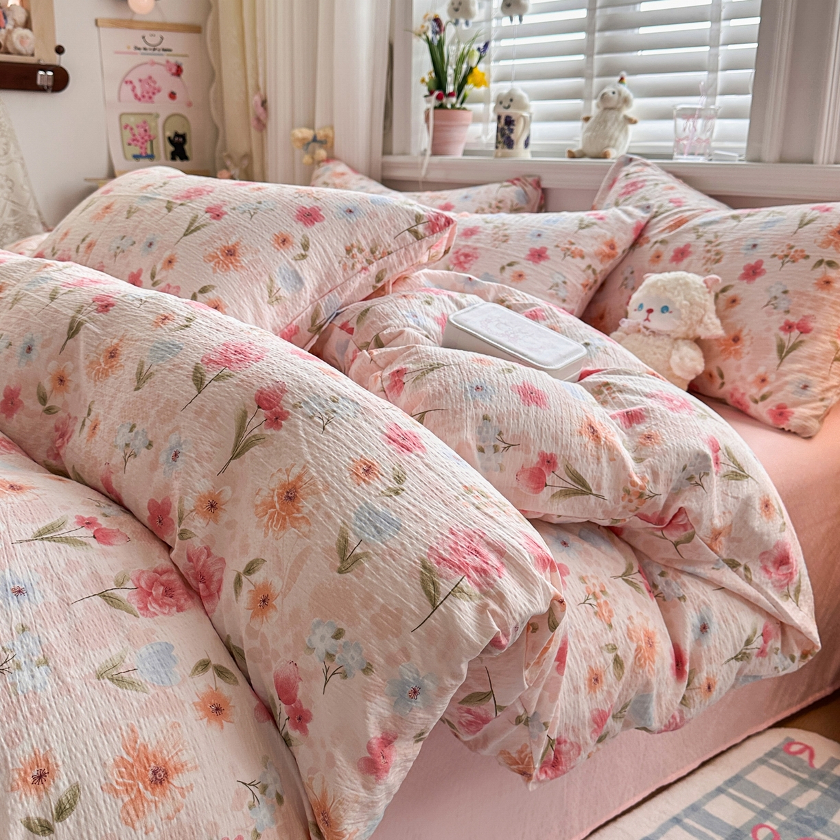 91家纺网 家纺一手货源 找家纺 卡斯诺家纺馆 2026新款皱皱棉双层纱四件套（下载文件包含买家秀） 温柔蜜语