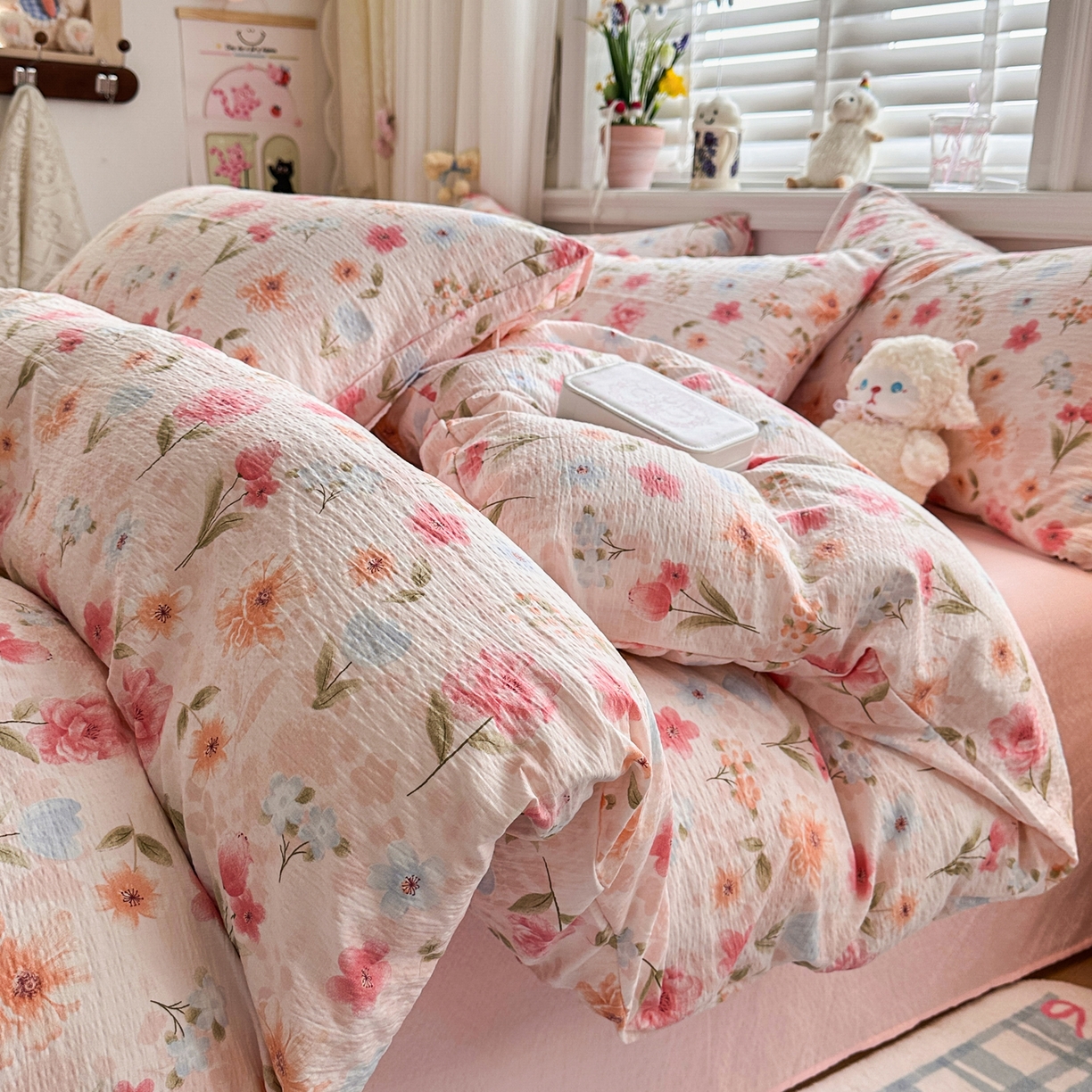 91家纺网 家纺一手货源 找家纺 卡斯诺家纺馆 2026新款皱皱棉双层纱四件套（下载文件包含买家秀） 温柔蜜语