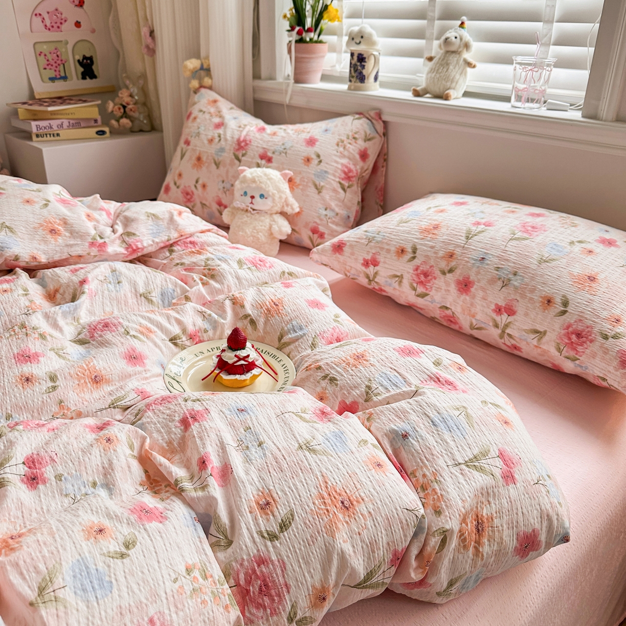 91家纺网 家纺一手货源 找家纺 卡斯诺家纺馆 2026新款皱皱棉双层纱四件套（下载文件包含买家秀） 温柔蜜语