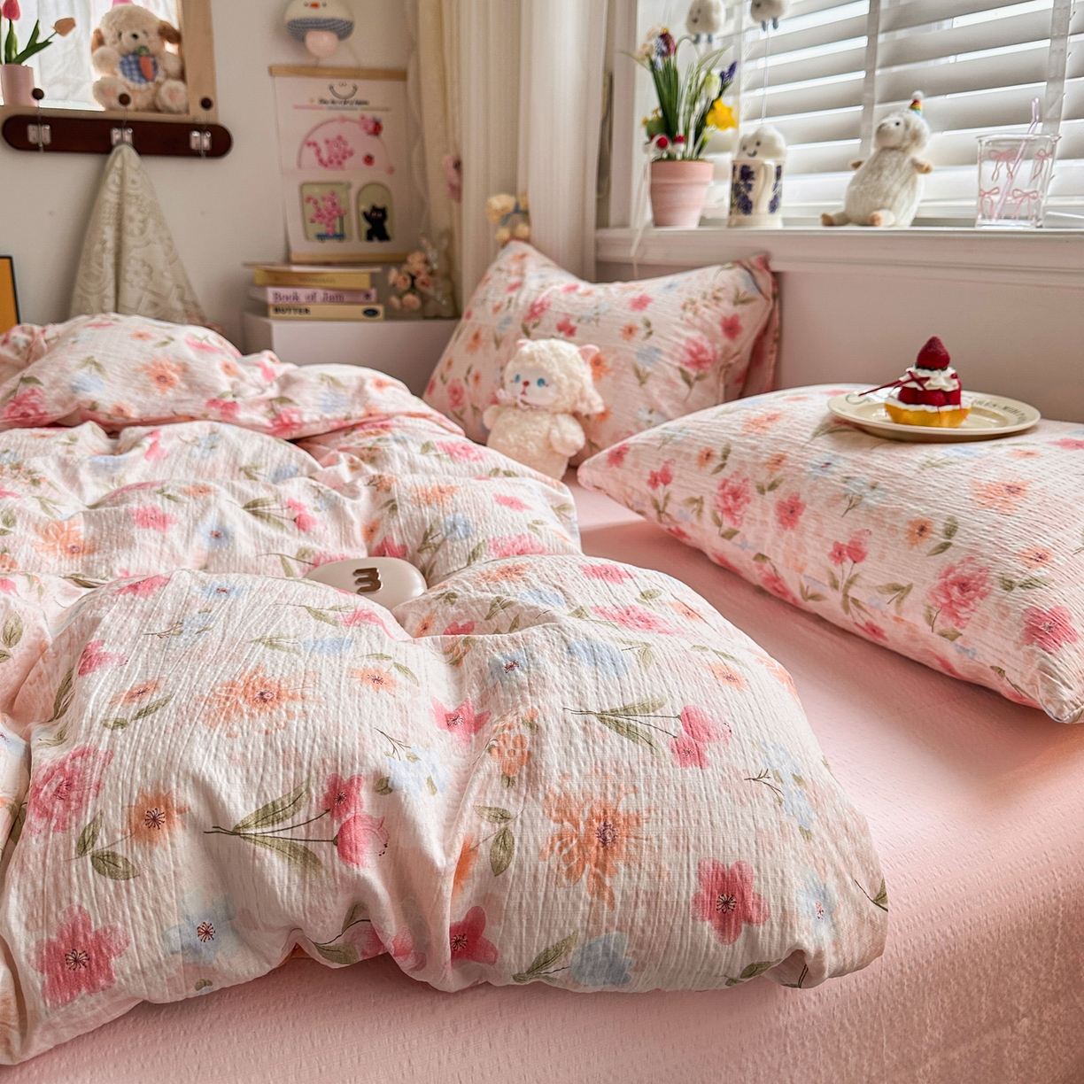 91家纺网 家纺一手货源 找家纺 卡斯诺家纺馆 2026新款皱皱棉双层纱四件套（下载文件包含买家秀） 温柔蜜语