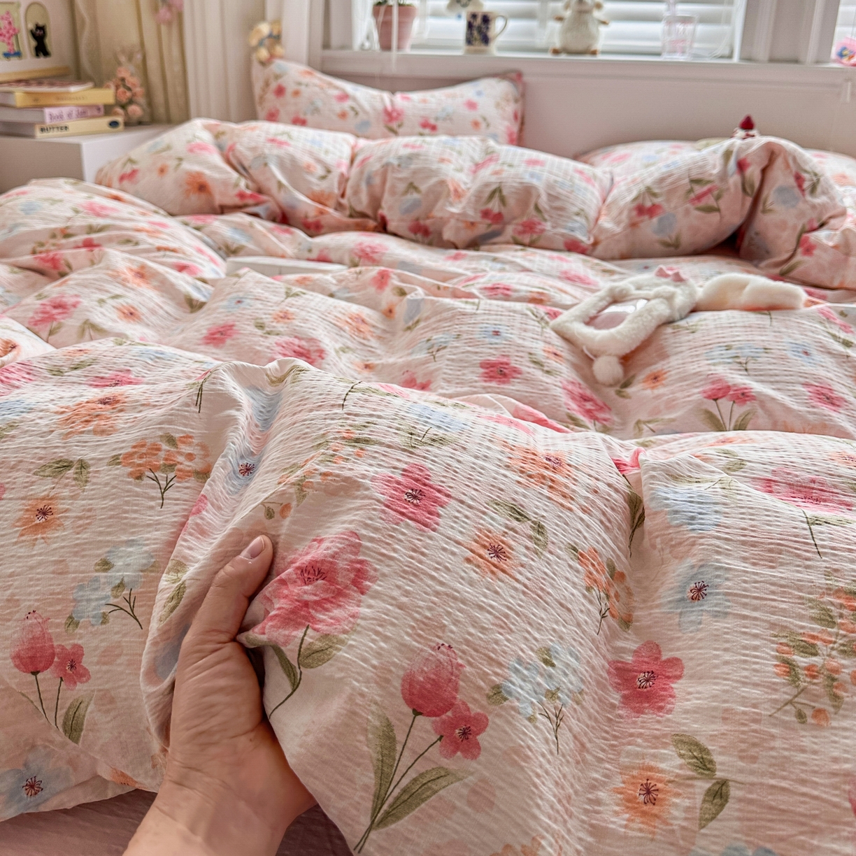 91家纺网 家纺一手货源 找家纺 卡斯诺家纺馆 2026新款皱皱棉双层纱四件套（下载文件包含买家秀） 温柔蜜语
