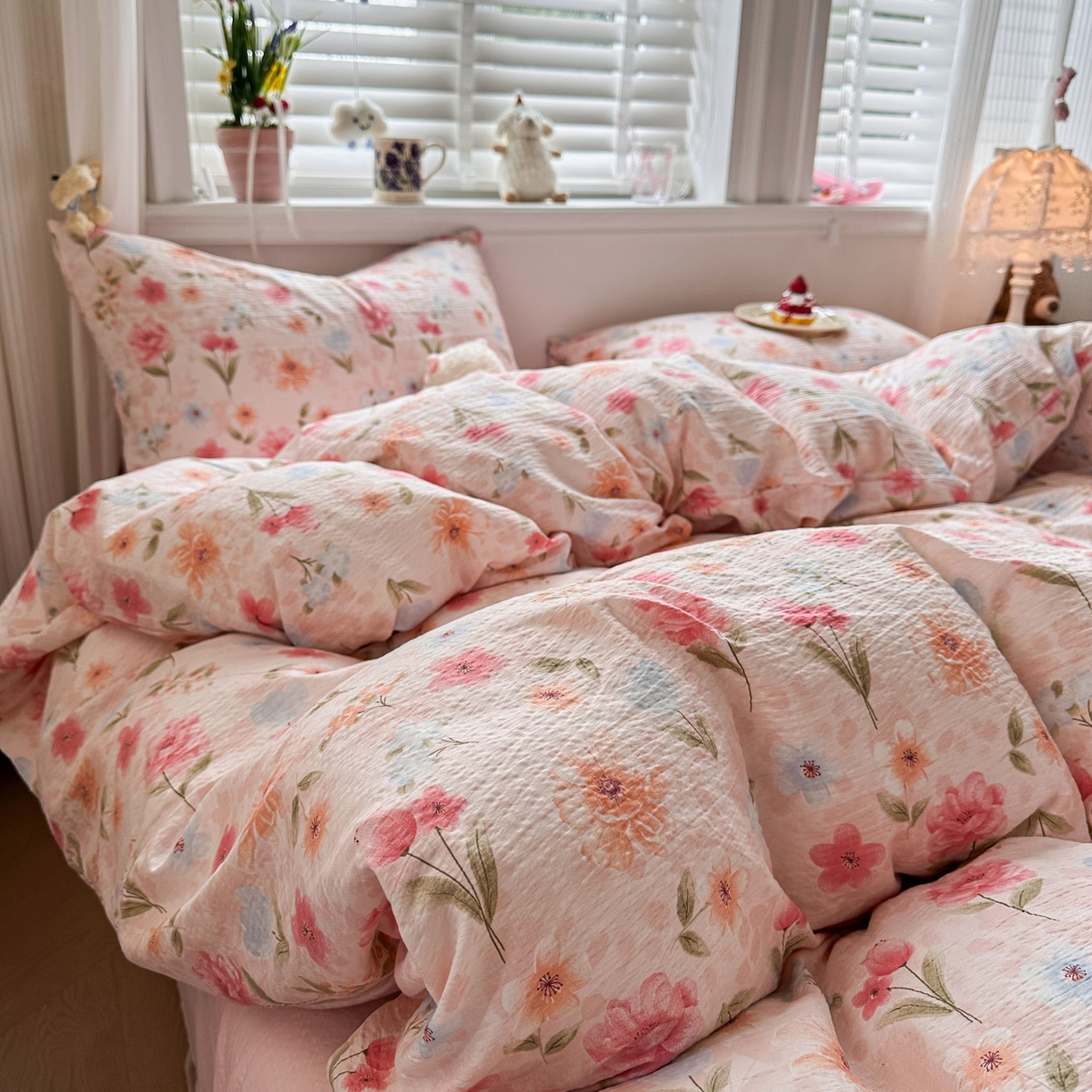 91家纺网 家纺一手货源 找家纺 卡斯诺家纺馆 2026新款皱皱棉双层纱四件套（下载文件包含买家秀） 温柔蜜语