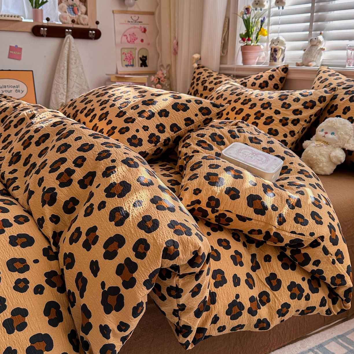 91家纺网 家纺一手货源 找家纺 卡斯诺家纺馆 2026新款皱皱棉双层纱四件套（下载文件包含买家秀） 云影星斑-咖