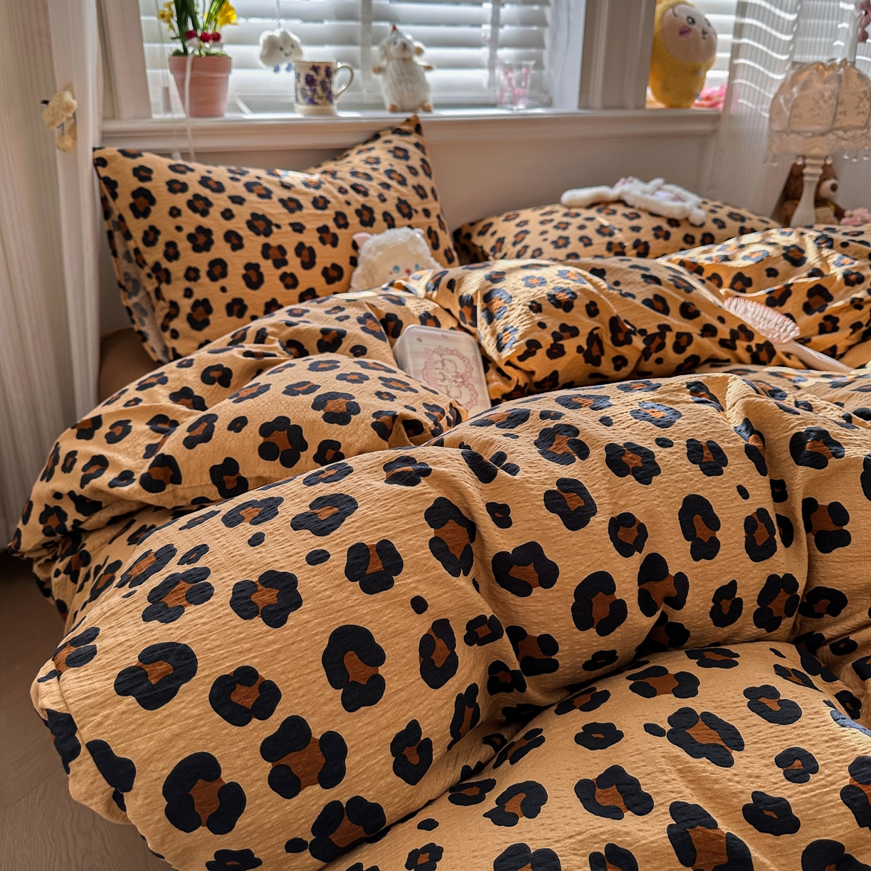 91家纺网 家纺一手货源 找家纺 卡斯诺家纺馆 2026新款皱皱棉双层纱四件套（下载文件包含买家秀） 云影星斑-咖