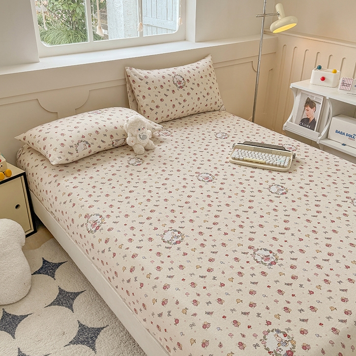 91家纺网 家纺一手货源 找家纺 爱彼家纺 2026新款舒适透气老粗布凉席印花床笠单件-床笠三件套 老粗布床笠-白朵花园