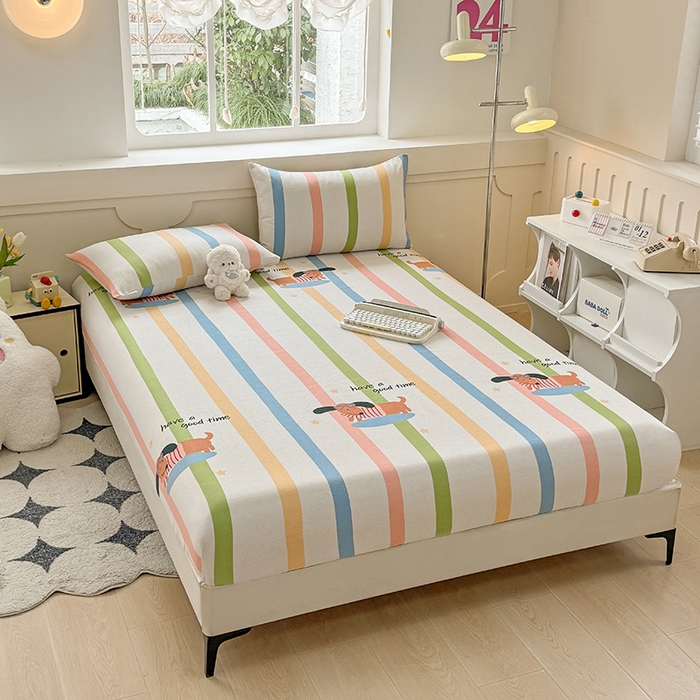 91家纺网 家纺一手货源 找家纺 爱彼家纺 2026新款舒适透气老粗布凉席印花床笠单件-床笠三件套 老粗布床笠-彩虹小狗