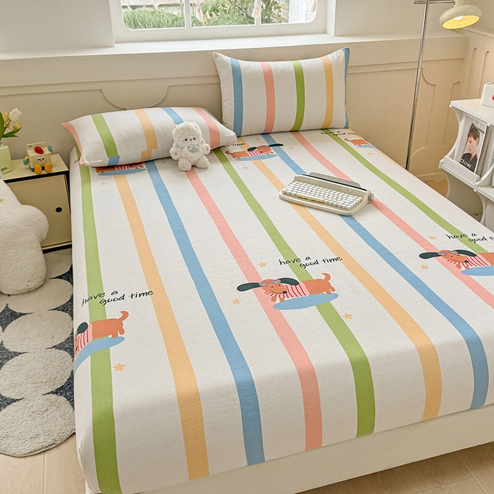 91家纺网 家纺一手货源 找家纺 爱彼家纺 2026新款舒适透气老粗布凉席印花床笠单件-床笠三件套 老粗布床笠-彩虹小狗