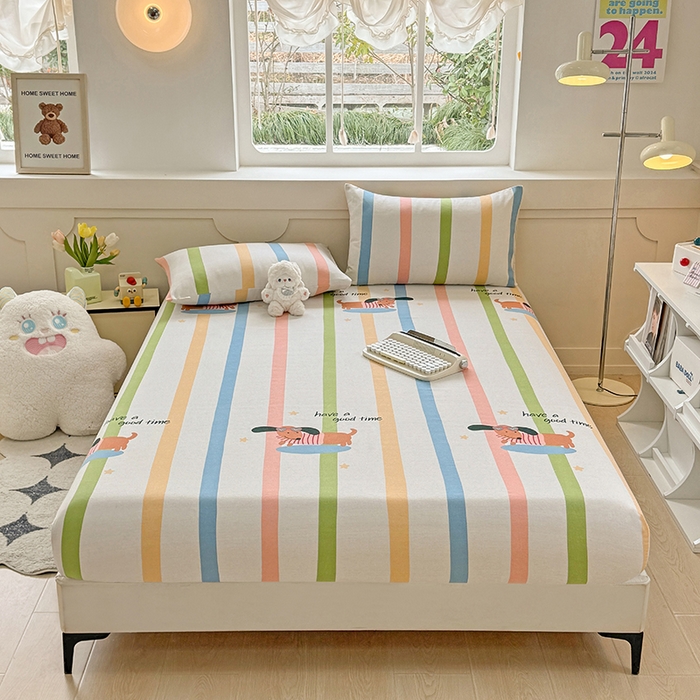 91家纺网 家纺一手货源 找家纺 爱彼家纺 2026新款舒适透气老粗布凉席印花床笠单件-床笠三件套 老粗布床笠-彩虹小狗