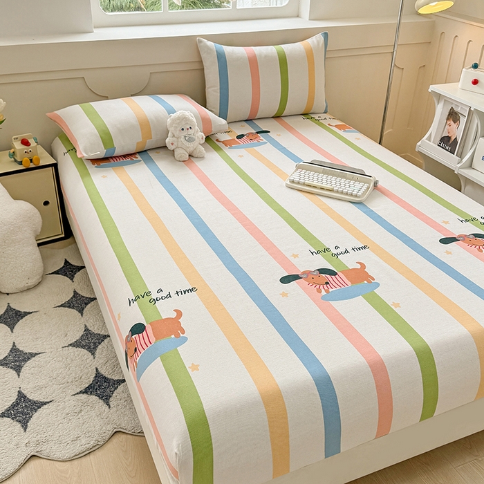 91家纺网 家纺一手货源 找家纺 爱彼家纺 2026新款舒适透气老粗布凉席印花床笠单件-床笠三件套 老粗布床笠-彩虹小狗