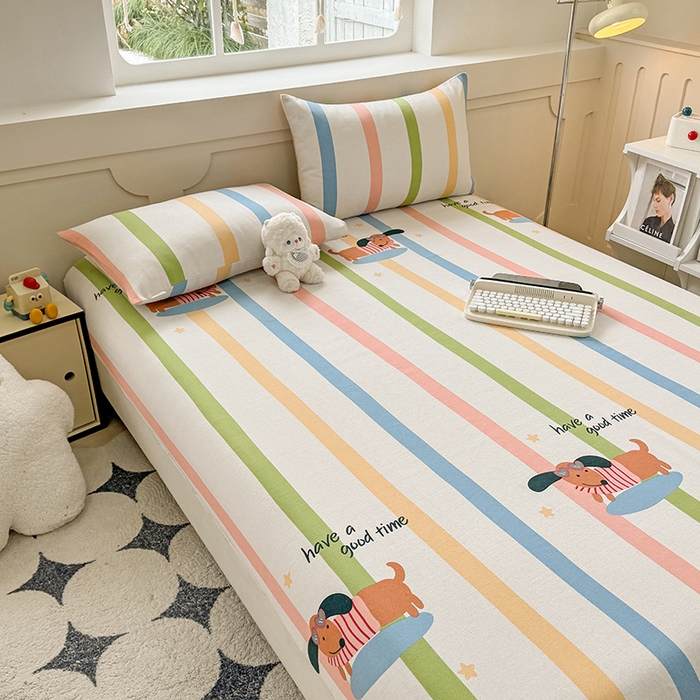 91家纺网 家纺一手货源 找家纺 爱彼家纺 2026新款舒适透气老粗布凉席印花床笠单件-床笠三件套 老粗布床笠-彩虹小狗