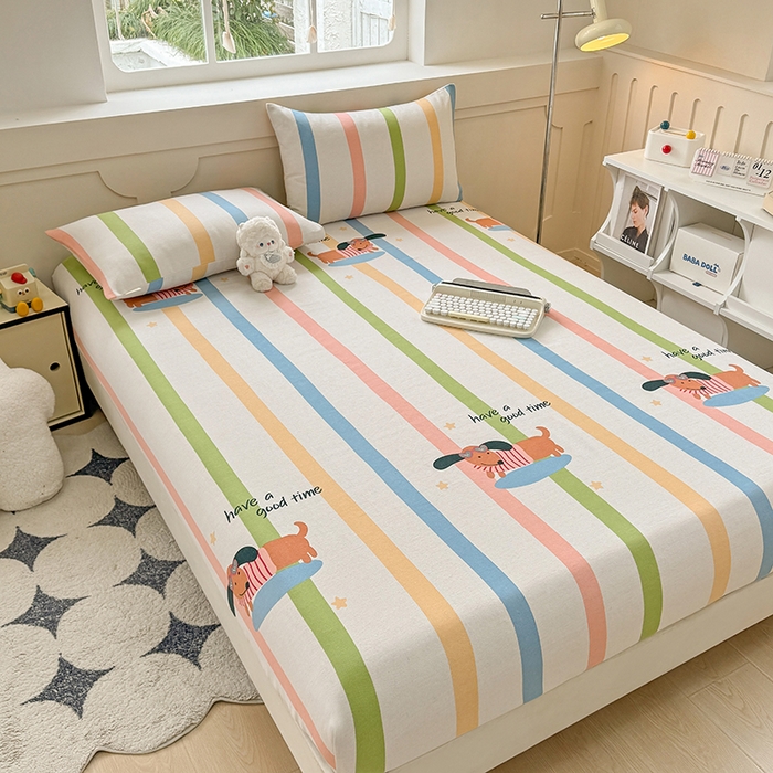 91家纺网 家纺一手货源 找家纺 爱彼家纺 2026新款舒适透气老粗布凉席印花床笠单件-床笠三件套 老粗布床笠-彩虹小狗