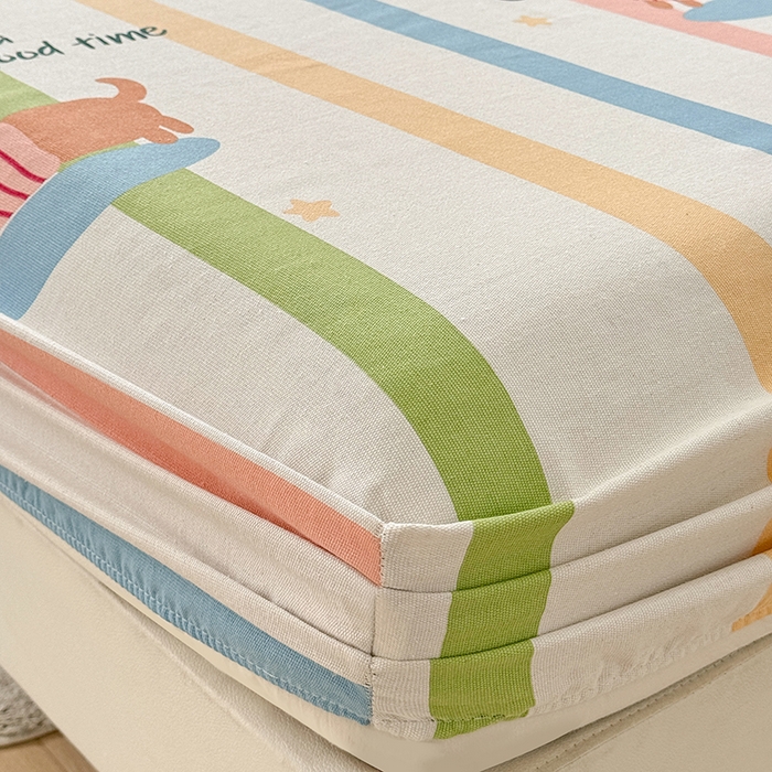 91家纺网 家纺一手货源 找家纺 爱彼家纺 2026新款舒适透气老粗布凉席印花床笠单件-床笠三件套 老粗布床笠-彩虹小狗