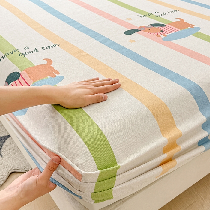 91家纺网 家纺一手货源 找家纺 爱彼家纺 2026新款舒适透气老粗布凉席印花床笠单件-床笠三件套 老粗布床笠-彩虹小狗