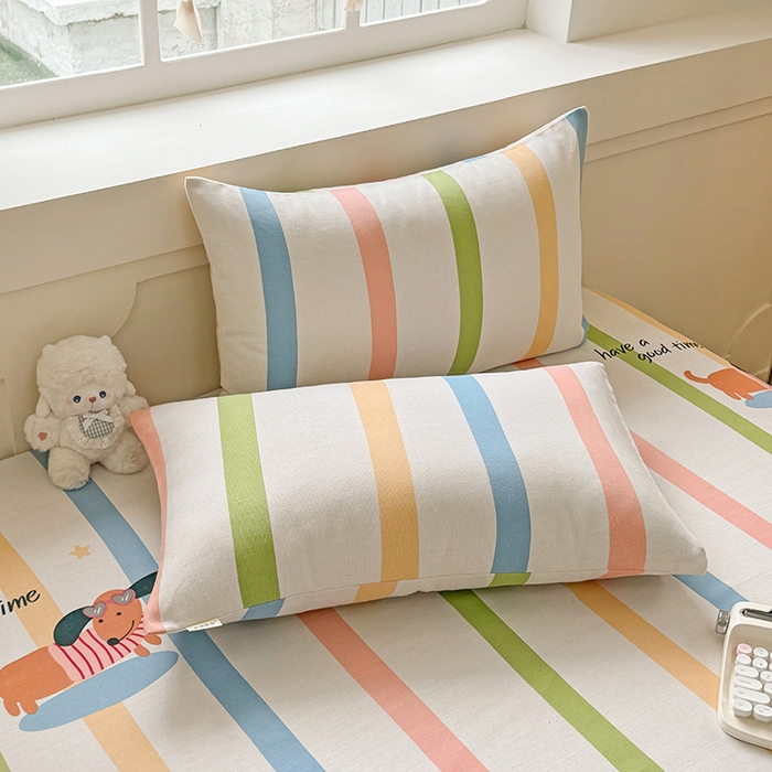 91家纺网 家纺一手货源 找家纺 爱彼家纺 2026新款舒适透气老粗布凉席印花床笠单件-床笠三件套 老粗布床笠-彩虹小狗