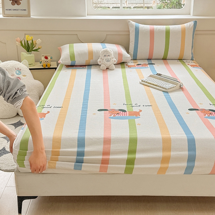 91家纺网 家纺一手货源 找家纺 爱彼家纺 2026新款舒适透气老粗布凉席印花床笠单件-床笠三件套 老粗布床笠-彩虹小狗