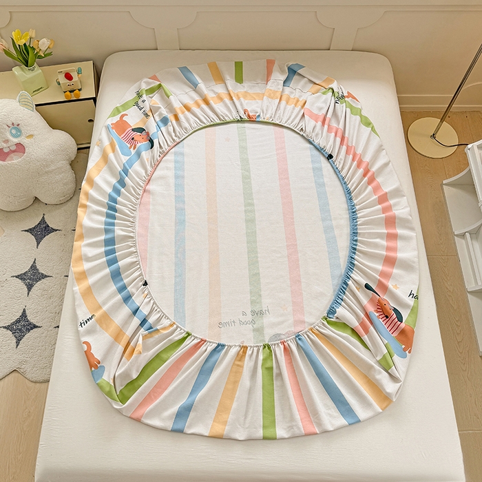 91家纺网 家纺一手货源 找家纺 爱彼家纺 2026新款舒适透气老粗布凉席印花床笠单件-床笠三件套 老粗布床笠-彩虹小狗