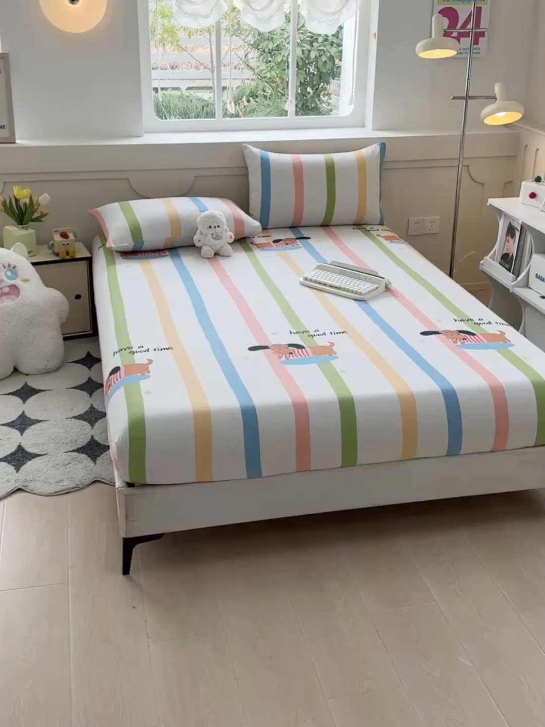 91家纺网 家纺一手货源 找家纺 爱彼家纺 2026新款舒适透气老粗布凉席印花床笠单件-床笠三件套 老粗布床笠-彩虹小狗