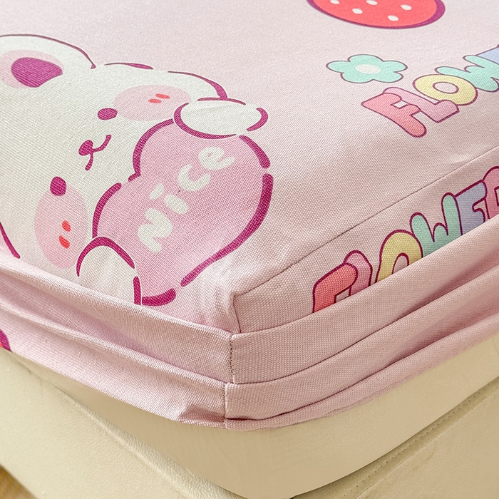 91家纺网 家纺一手货源 找家纺 爱彼家纺 2026新款舒适透气老粗布凉席印花床笠单件-床笠三件套 老粗布床笠-彩虹云兔