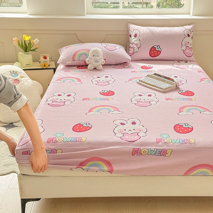 91家纺网 家纺一手货源 找家纺 爱彼家纺 2026新款舒适透气老粗布凉席印花床笠单件-床笠三件套 老粗布床笠-彩虹云兔