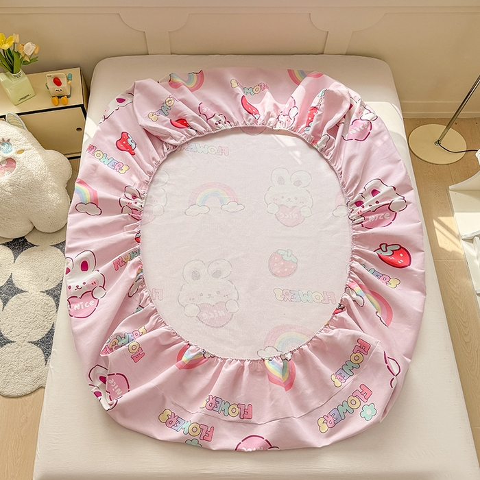 91家纺网 家纺一手货源 找家纺 爱彼家纺 2026新款舒适透气老粗布凉席印花床笠单件-床笠三件套 老粗布床笠-彩虹云兔