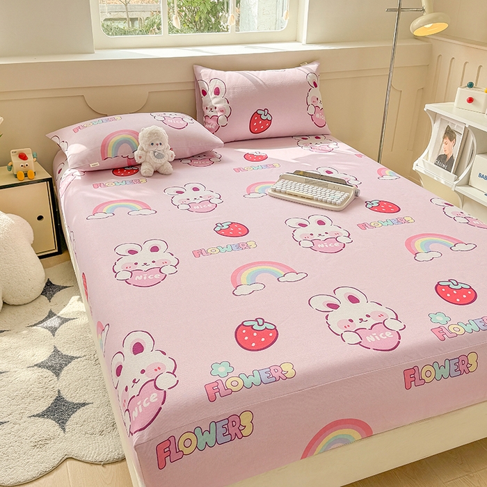 91家纺网 家纺一手货源 找家纺 爱彼家纺 2026新款舒适透气老粗布凉席印花床笠单件-床笠三件套 老粗布床笠-彩虹云兔