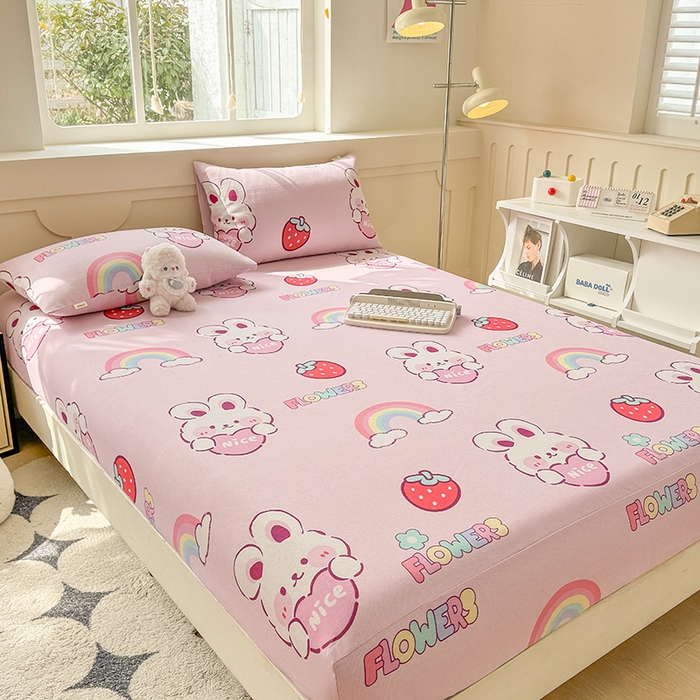 91家纺网 家纺一手货源 找家纺 爱彼家纺 2026新款舒适透气老粗布凉席印花床笠单件-床笠三件套 老粗布床笠-彩虹云兔