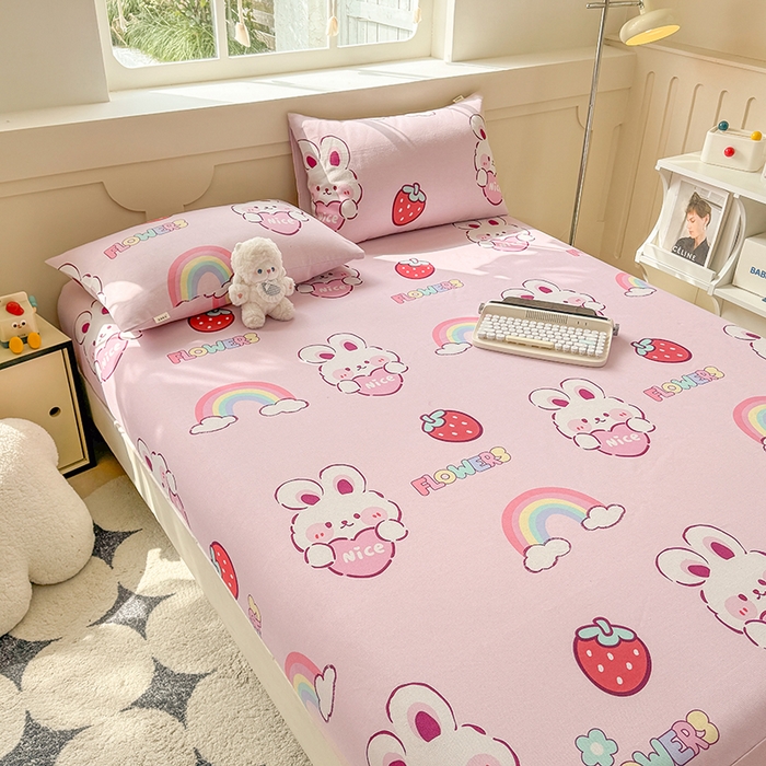 91家纺网 家纺一手货源 找家纺 爱彼家纺 2026新款舒适透气老粗布凉席印花床笠单件-床笠三件套 老粗布床笠-彩虹云兔