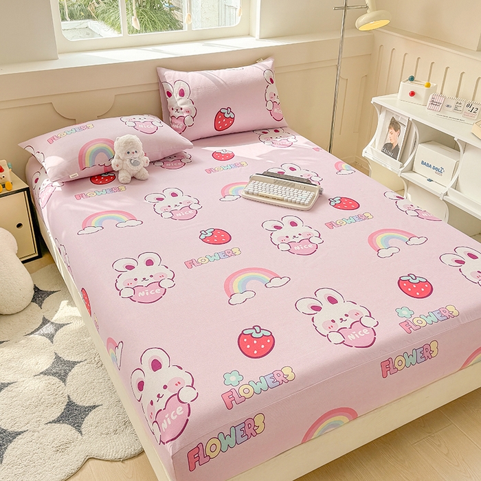 91家纺网 家纺一手货源 找家纺 爱彼家纺 2026新款舒适透气老粗布凉席印花床笠单件-床笠三件套 老粗布床笠-彩虹云兔