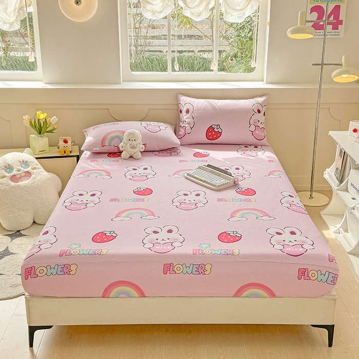 91家纺网 家纺一手货源 找家纺 爱彼家纺 2026新款舒适透气老粗布凉席印花床笠单件-床笠三件套 老粗布床笠-彩虹云兔