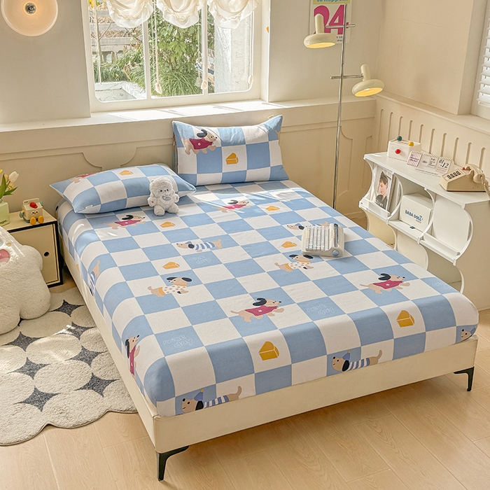 91家纺网 家纺一手货源 找家纺 爱彼家纺 2026新款舒适透气老粗布凉席印花床笠单件-床笠三件套 老粗布床笠-腊肠狗-蓝