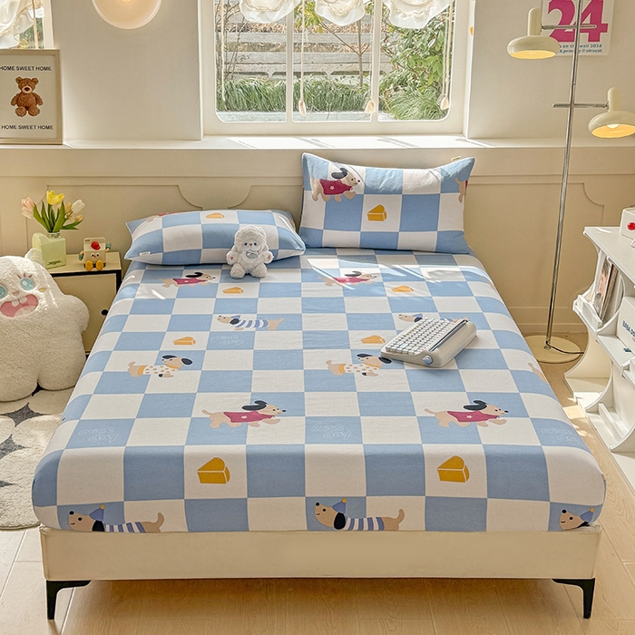 91家纺网 家纺一手货源 找家纺 爱彼家纺 2026新款舒适透气老粗布凉席印花床笠单件-床笠三件套 老粗布床笠-腊肠狗-蓝