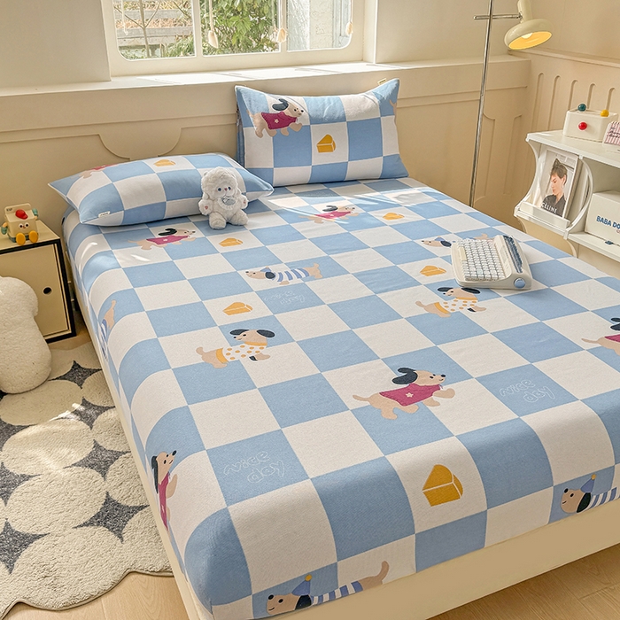 91家纺网 家纺一手货源 找家纺 爱彼家纺 2026新款舒适透气老粗布凉席印花床笠单件-床笠三件套 老粗布床笠-腊肠狗-蓝