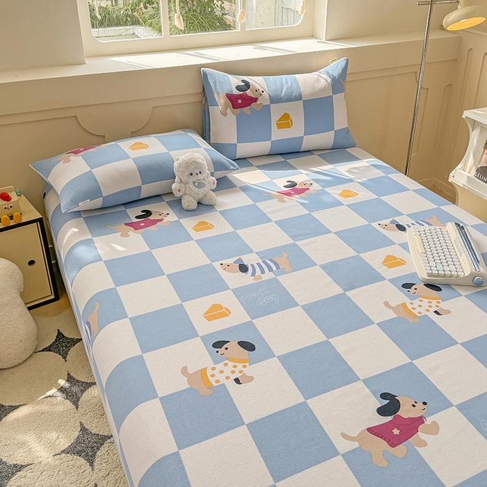 91家纺网 家纺一手货源 找家纺 爱彼家纺 2026新款舒适透气老粗布凉席印花床笠单件-床笠三件套 老粗布床笠-腊肠狗-蓝