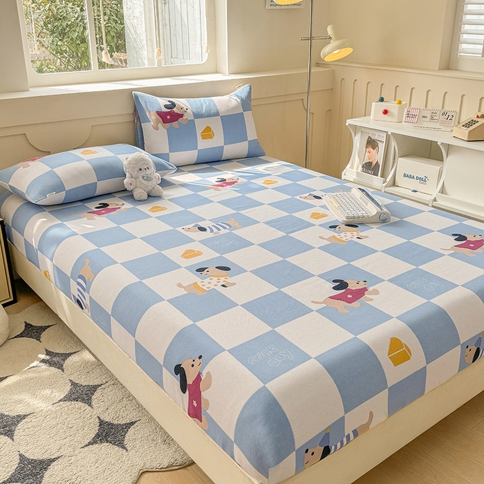 91家纺网 家纺一手货源 找家纺 爱彼家纺 2026新款舒适透气老粗布凉席印花床笠单件-床笠三件套 老粗布床笠-腊肠狗-蓝