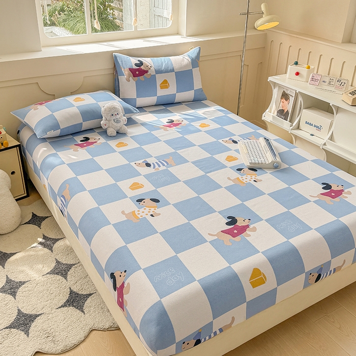 91家纺网 家纺一手货源 找家纺 爱彼家纺 2026新款舒适透气老粗布凉席印花床笠单件-床笠三件套 老粗布床笠-腊肠狗-蓝