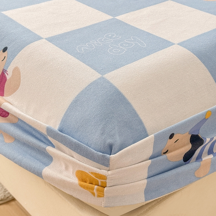 91家纺网 家纺一手货源 找家纺 爱彼家纺 2026新款舒适透气老粗布凉席印花床笠单件-床笠三件套 老粗布床笠-腊肠狗-蓝