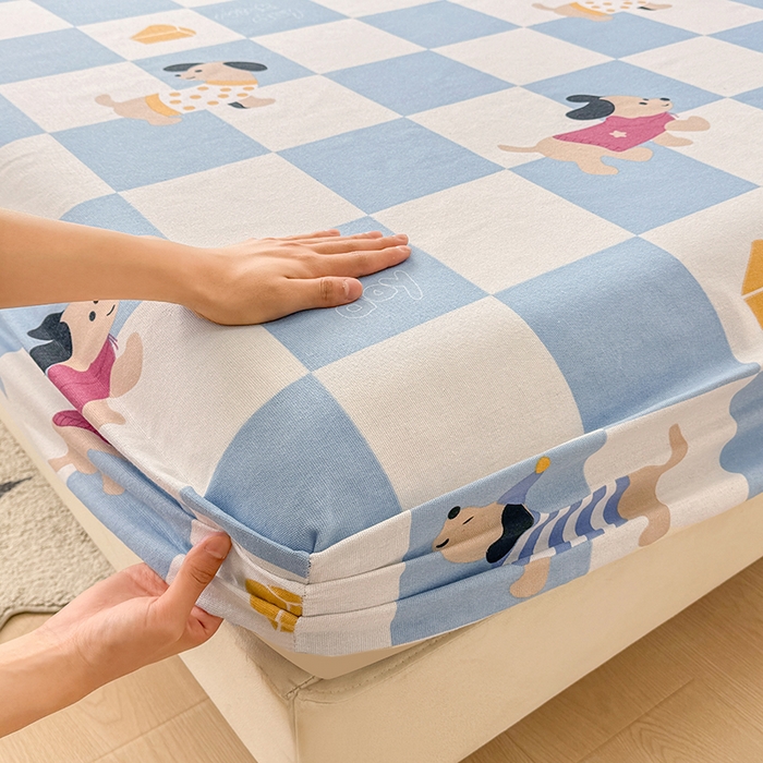 91家纺网 家纺一手货源 找家纺 爱彼家纺 2026新款舒适透气老粗布凉席印花床笠单件-床笠三件套 老粗布床笠-腊肠狗-蓝