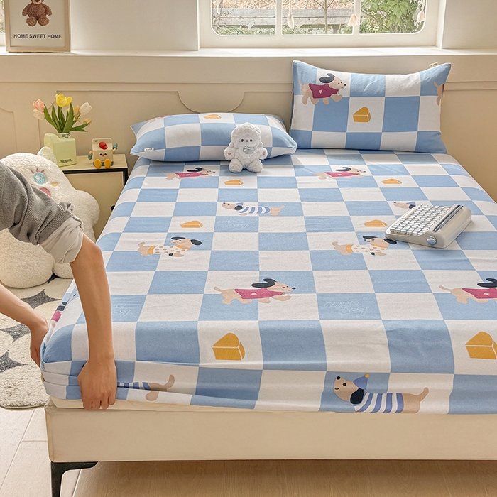 91家纺网 家纺一手货源 找家纺 爱彼家纺 2026新款舒适透气老粗布凉席印花床笠单件-床笠三件套 老粗布床笠-腊肠狗-蓝