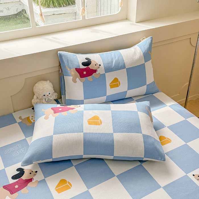 91家纺网 家纺一手货源 找家纺 爱彼家纺 2026新款舒适透气老粗布凉席印花床笠单件-床笠三件套 老粗布床笠-腊肠狗-蓝